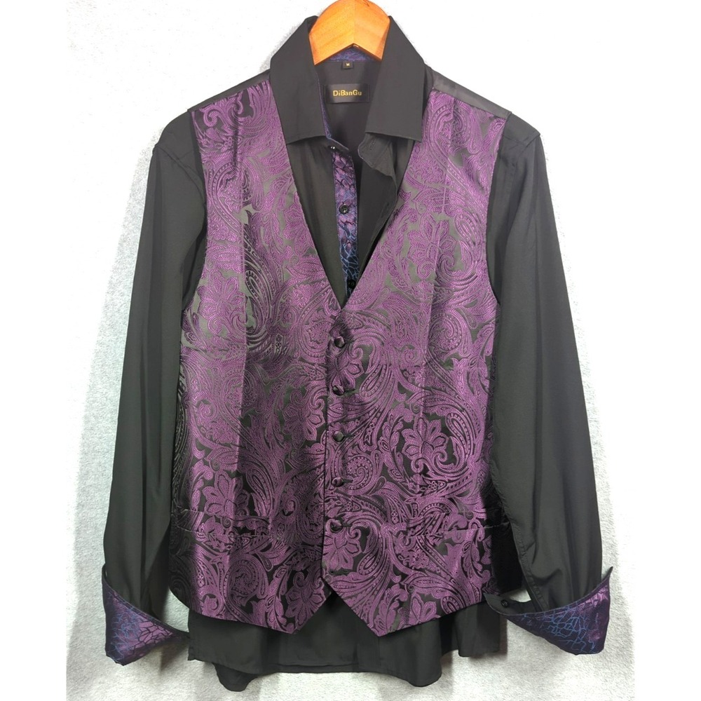 DIBANGU 2 Pcs Men Purple Paisley  Vest M and DIBANGU Black Lg Sleeve Shirt M